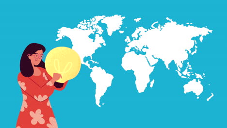 woman lifting bulb with earth planet