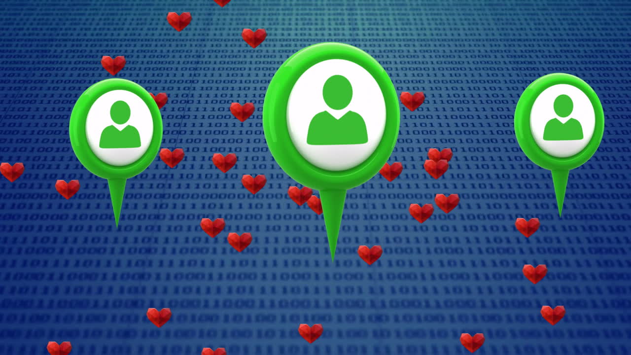 Animation of green location icons and red hearts over binary code background