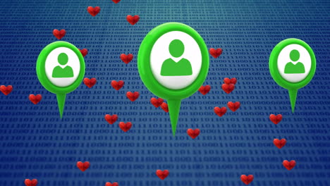 animation of green location icons and red hearts over binary code background