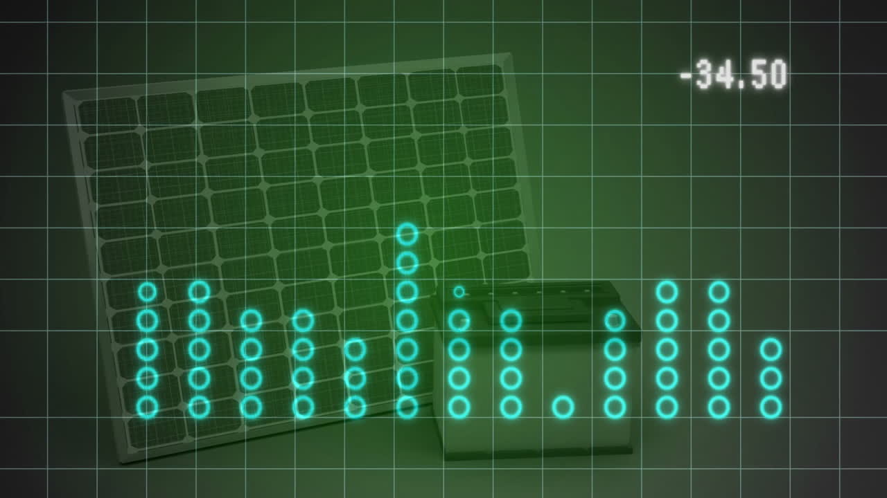 panel solar y batería con animación de análisis de datos sobre el fondo de la red