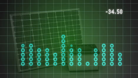 solar panel and battery with data analysis animation over grid background