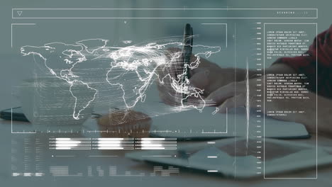 animation of loading bars and map over midsection of caucasian woman writing in notebook