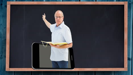 animación de un maestro masculino que emerge de un teléfono inteligente y apunta a la pizarra en el aula