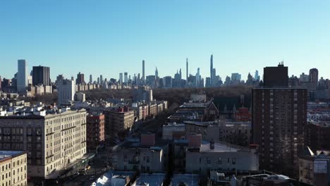 aerial rise over harlem new york city on a quiet sunny morning