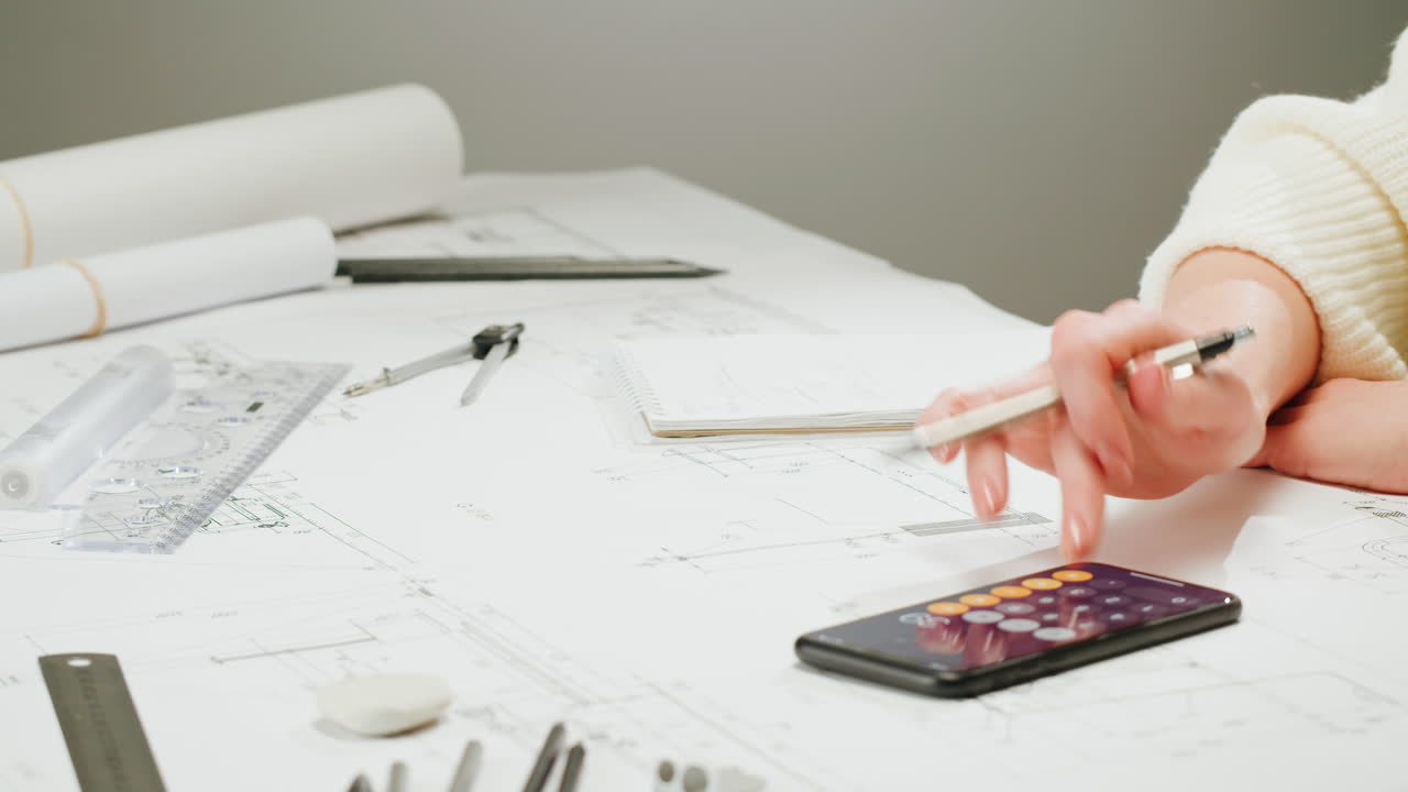 Close-up of a person's hands working on architectural blueprints with drawing tools and a smartphone calculator