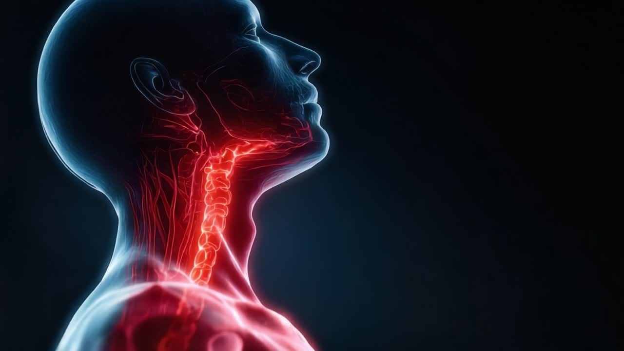 Una visualizzazione dettagliata dell'anatomia umana con la colonna vertebrale e la regione del collo evidenziate in rosso brillante per scopi educativi e di studio