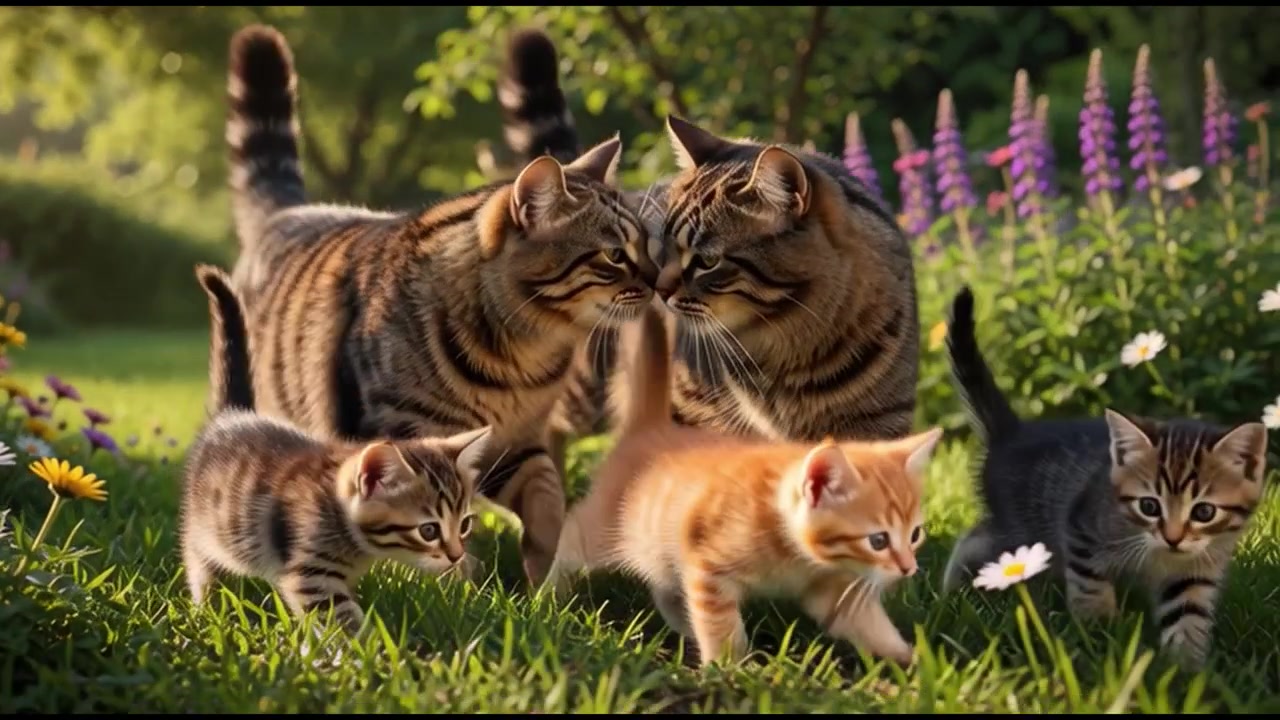 Famiglia di gatti soriani che passeggia in un giardino fiorito e soleggiato