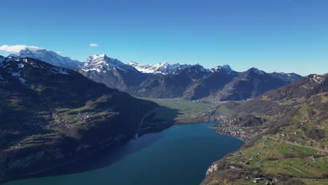 Amden-Weesen-Switzerland-wide-rotating-view-of-lake-and-towns-in-the-Alps