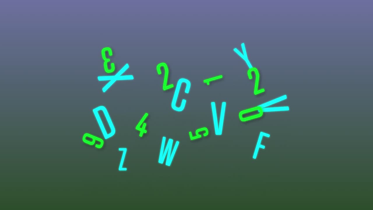 Neon random numbers and alphabets moving and changing against gradient blue and green background