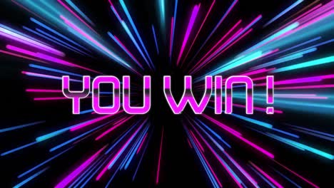 animation of you win text over neon light trails on black background