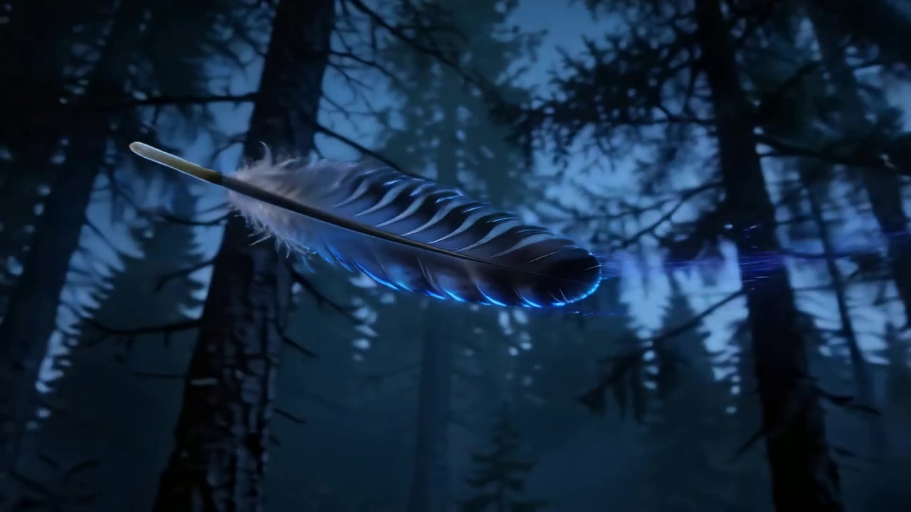 Una piuma con un calamo pallido che plana, iniziando ad accelerare attraverso una foresta di pini nebbiosa.