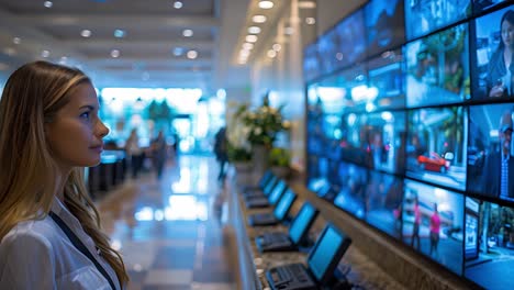 woman monitoring security cameras in a control room or hotel lobby