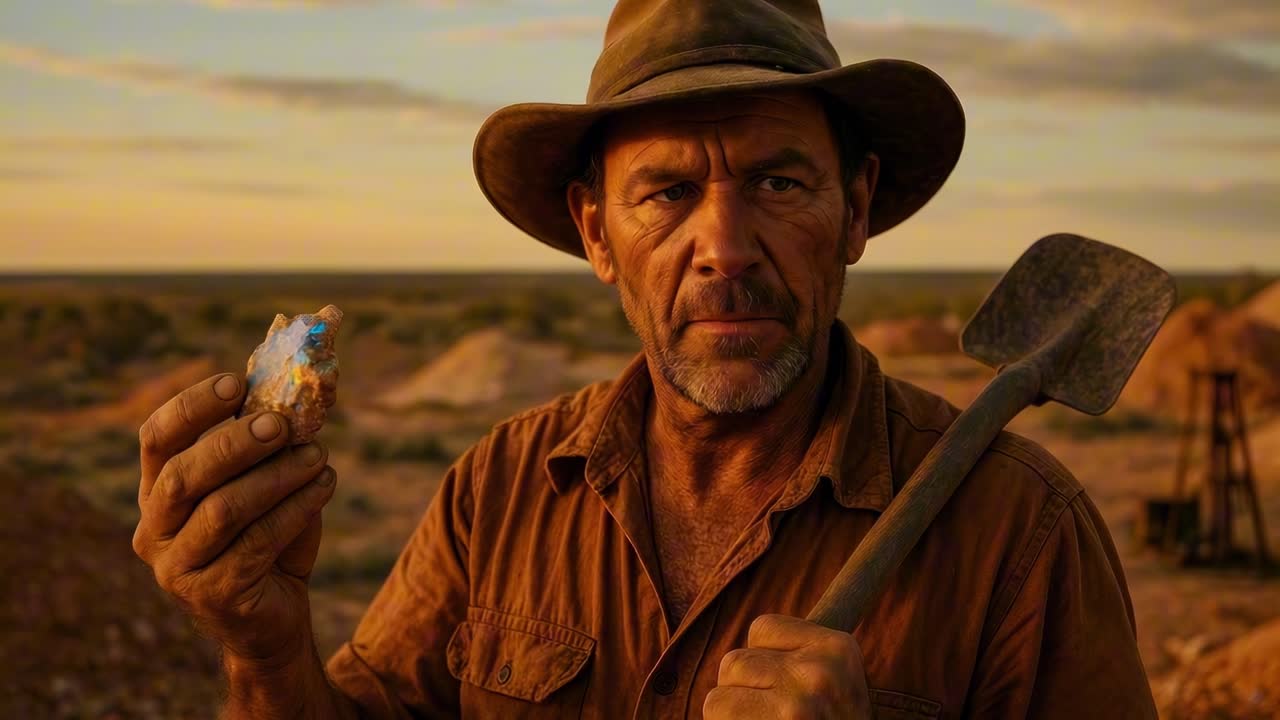A rugged miner examines a glowing gemstone at sunset, holding a shovel
