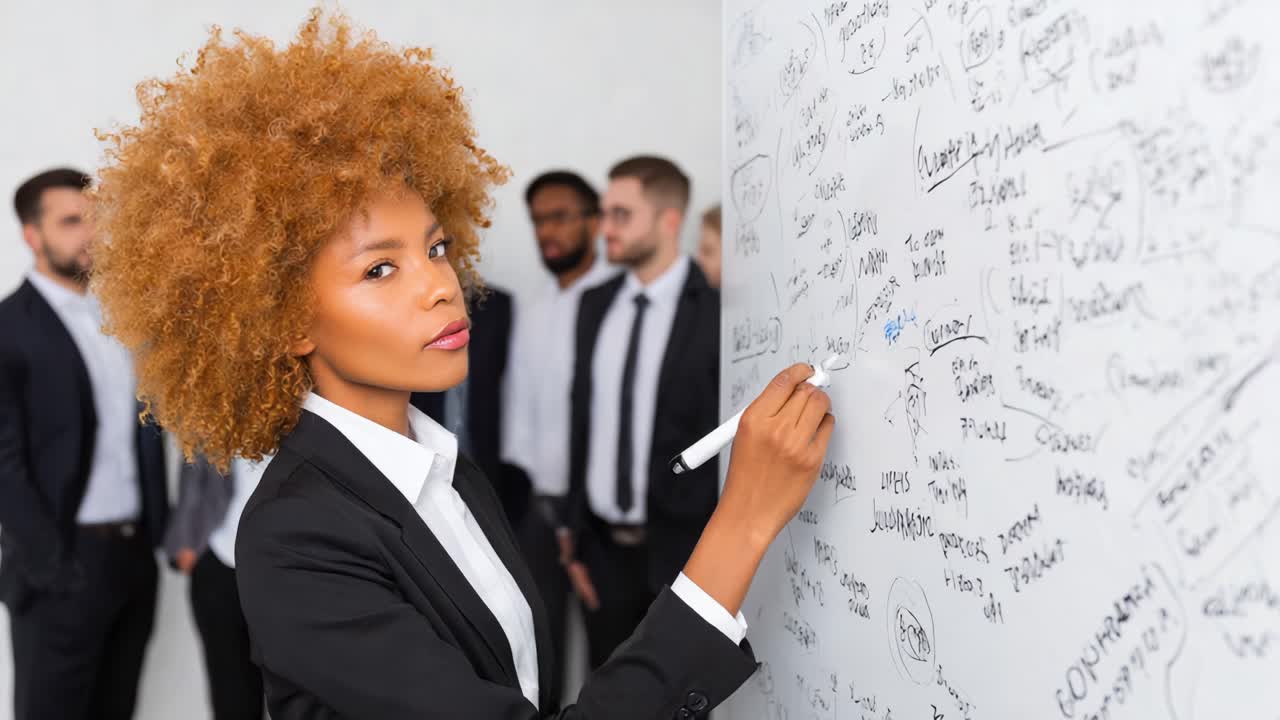 Focused Individual Engaged in Writing and Diagramming Ideas on a Whiteboard in a Professional Group Setting with Colleagues Observing