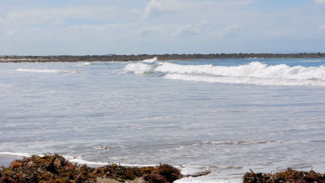 olas rodando en una playa australiana con rocas negras en el fondo