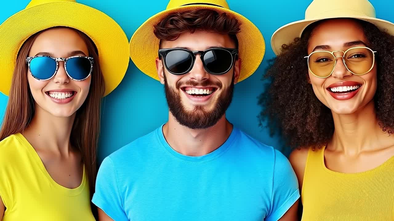 A group of three people wearing yellow hats and sunglasses