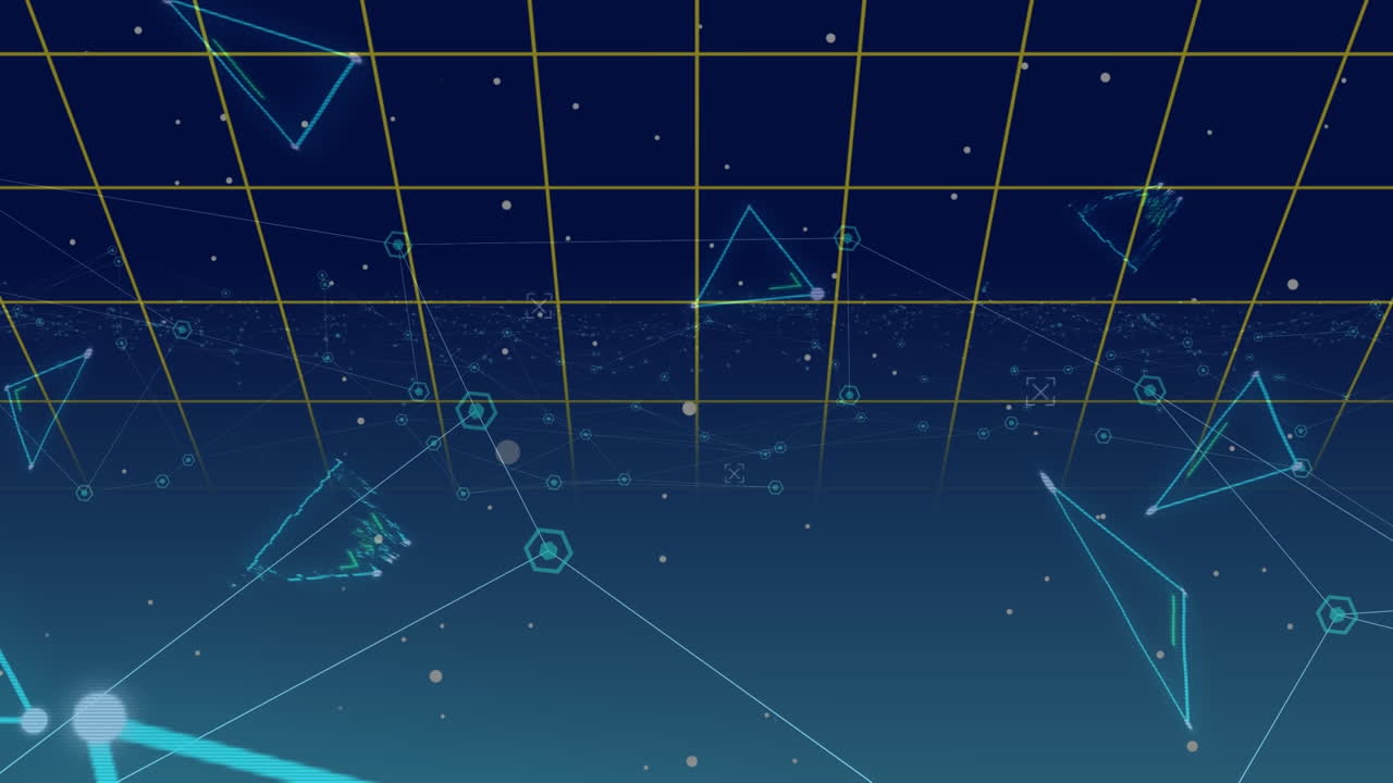 해군 배경에서 아이콘과 데이터 처리를 가진 연결 네트워크의 애니메이션