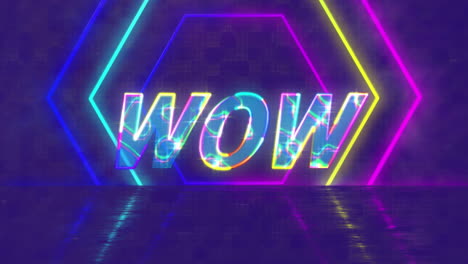 animación del texto wow sobre el patrón de neón sobre fondo púrpura