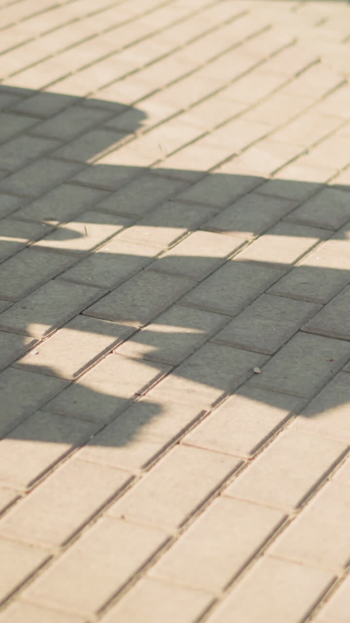 Shadow of an individual seated on an interlocked path, reflecting their movements, the person is wearing grey joggers and white canvas shoes