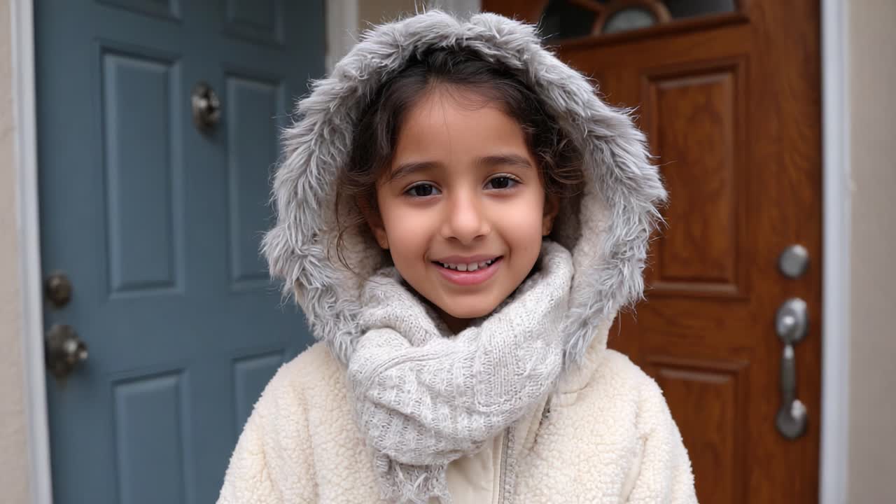 A Young Child Joyfully Embracing Winter Warmth in Cozy Fur Hoodie and Scarf, Smiling Brightly on a Chilly Day Outside Her Home Door