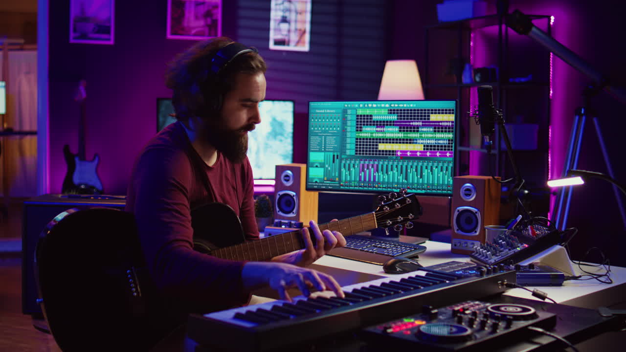 compositor musical grabando sus melodías de guitarra y añadiendo sonidos de teclas de piano