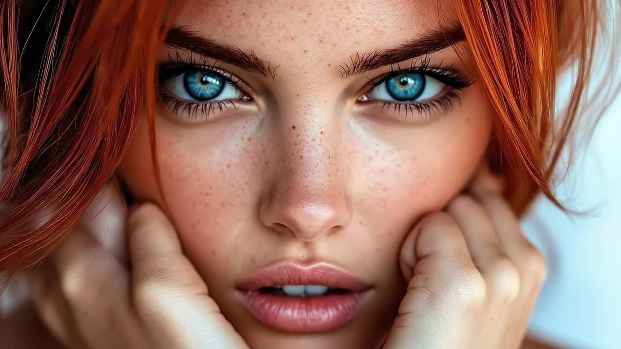 A close up of a woman with red hair and blue eyes