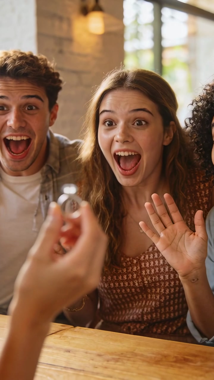 Vertical video: Reacting three friends leaning and smiling at cafe, hand presenting diamond ring