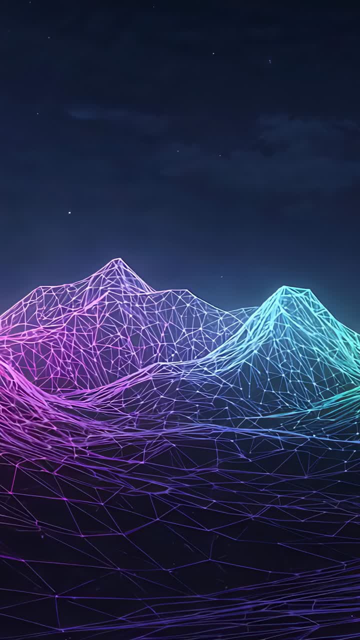 Vertical video: Sweeping light across wireframe range causing pulsing purple cyan glows, looping