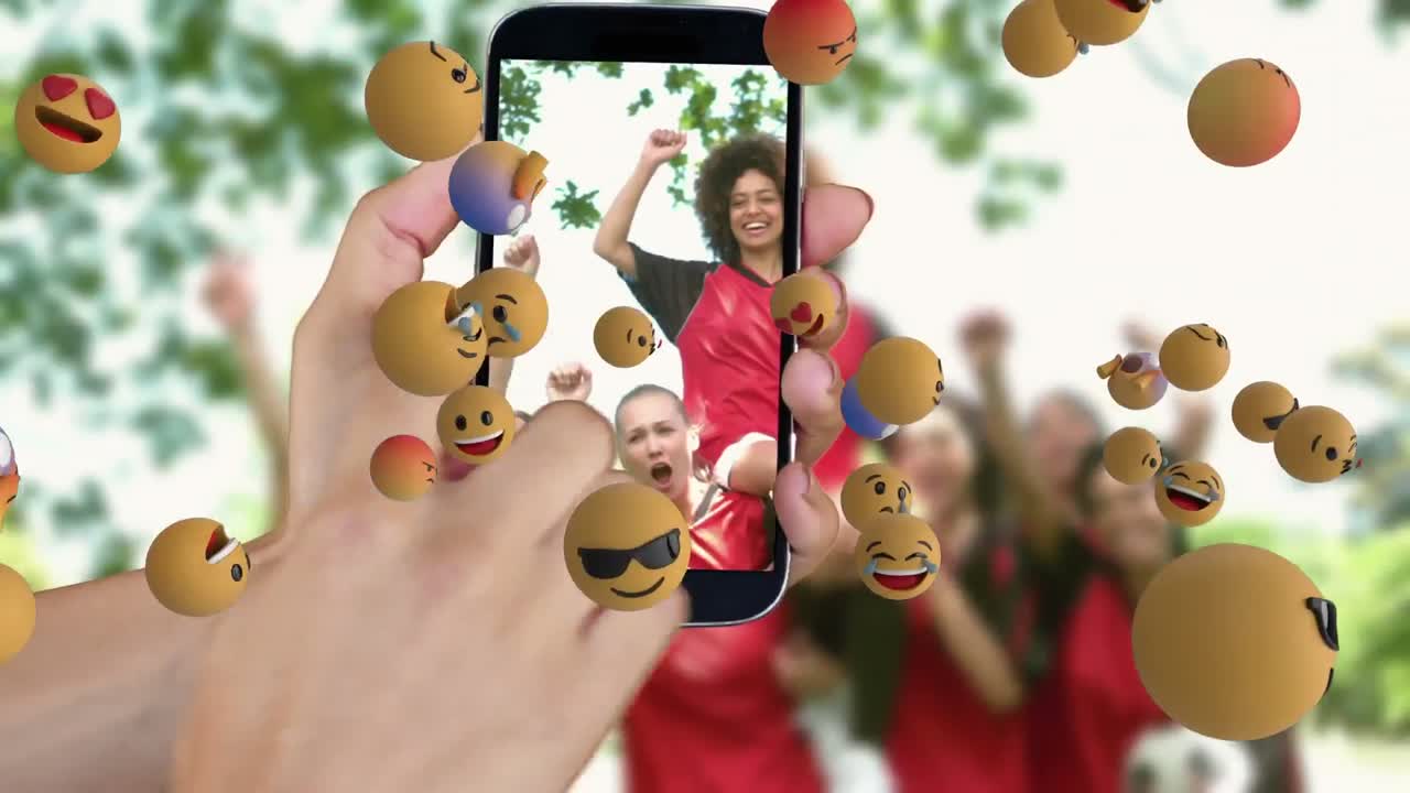 배경에서 사진을 찍는 사람과 함께 이모지 아이콘