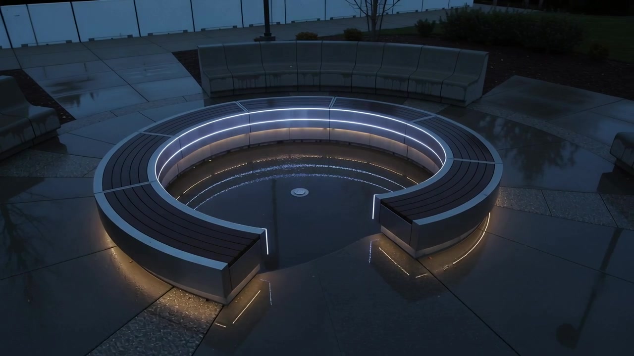 Approaching drone revealing circular sunken bench at dusk in plaza, with LED bands and wet glow