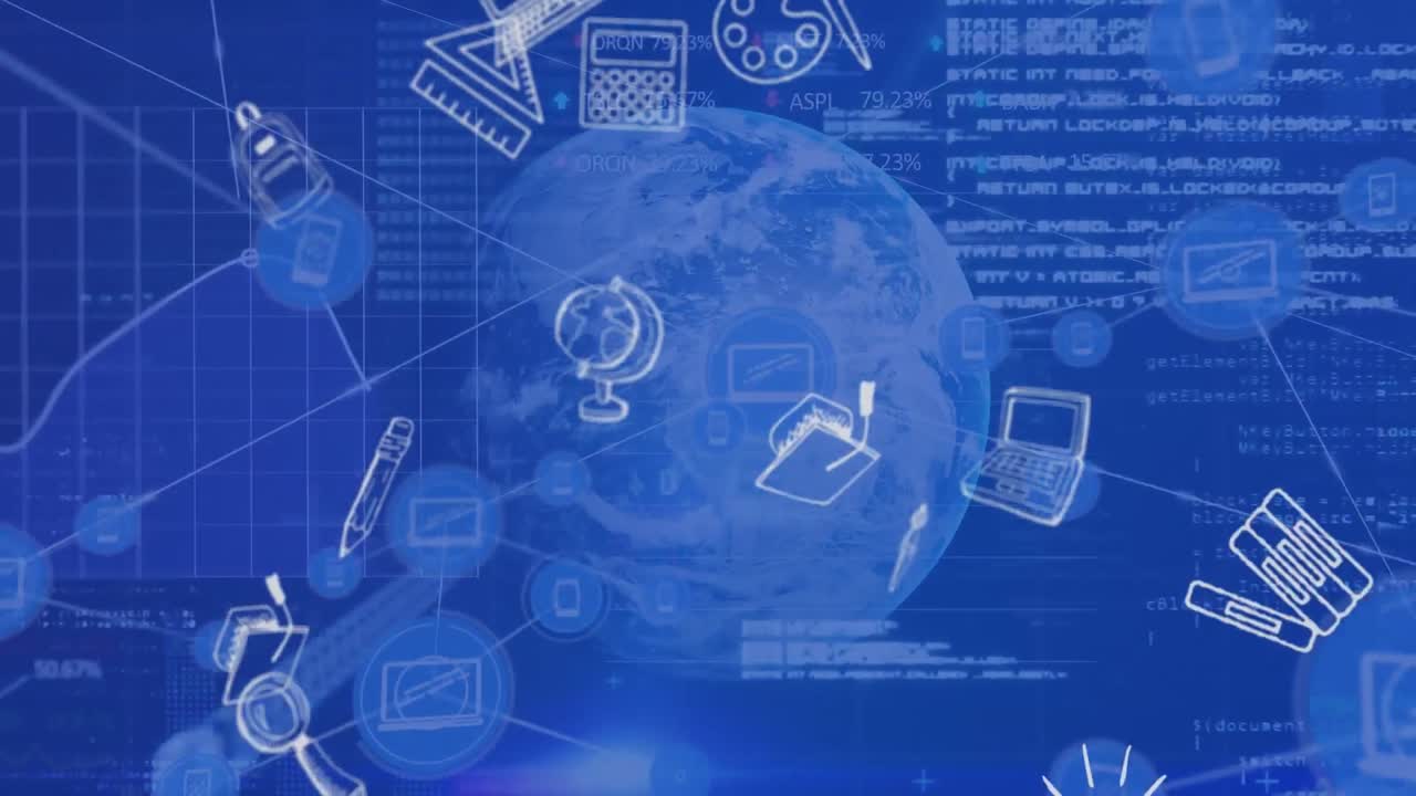 파란색 지구와 파란색 배경 위에 데이터 처리를 통해 떠다니는 학교 아이콘의 애니메이션