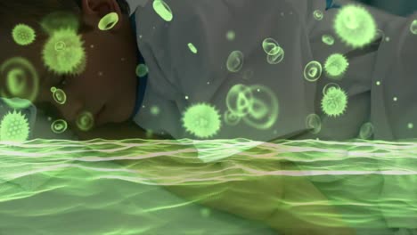 animación del virus de la corona verde con un niño en el fondo