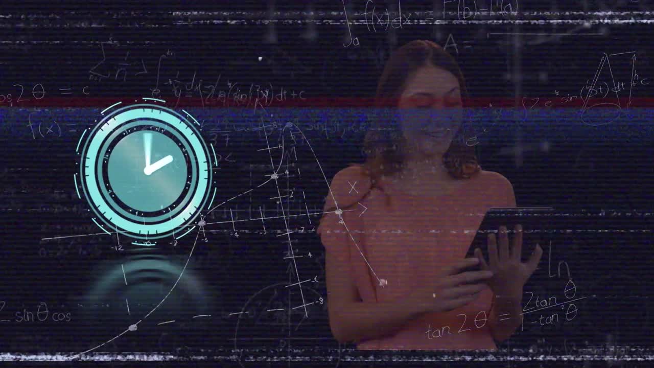 Animazione di un orologio e elaborazione dati su donne che usano un tablet