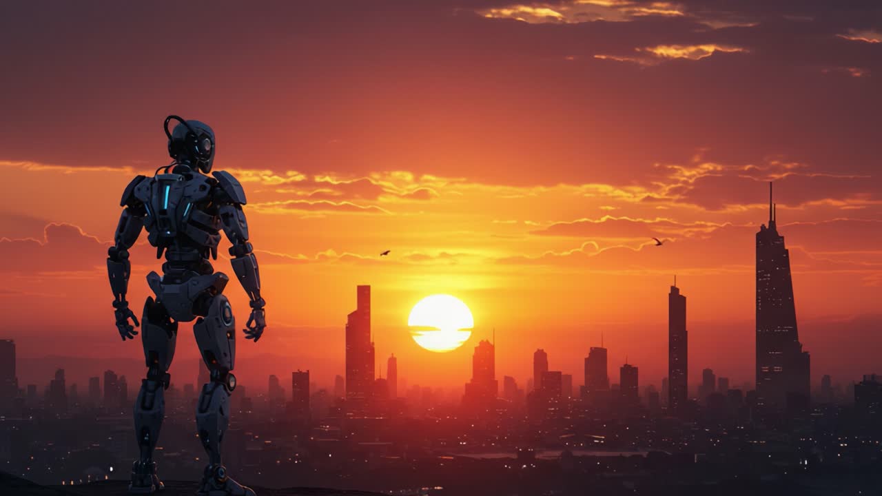 A Futuristic Robot Silhouette Against a Stunning Sunset over a Modern City Skyline, Capturing the Essence of Technology and Nature in Harmony