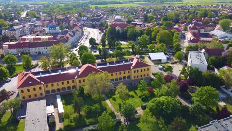 Panoramic-aerial-view-of-the-historic-town-of-Kapuvar,-Hungary