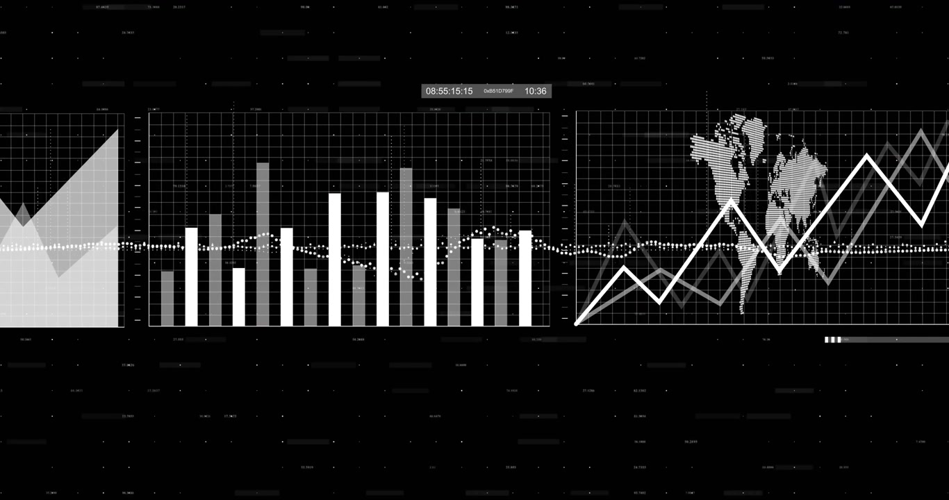 Starting dotted waveform drifting, panels expanding shifting to reveal world map visualizing data