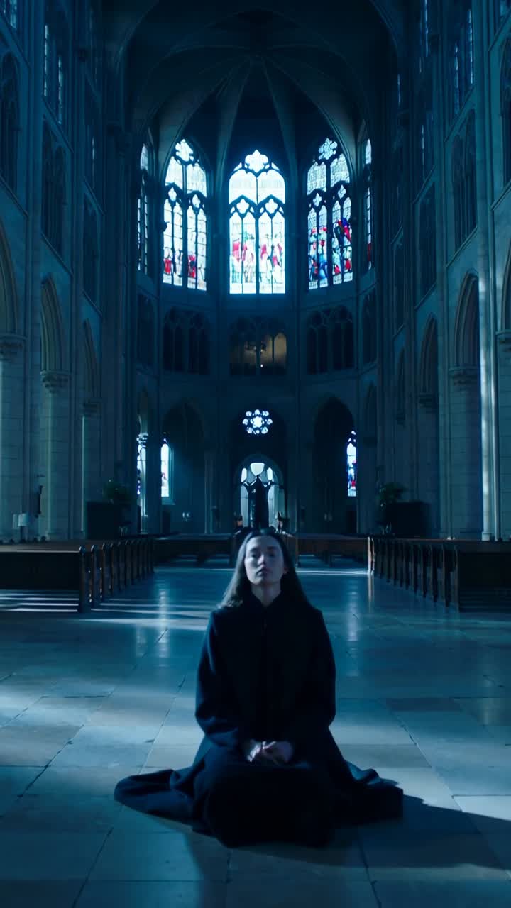 Ung kvinde knæler og beder i en stor kirke