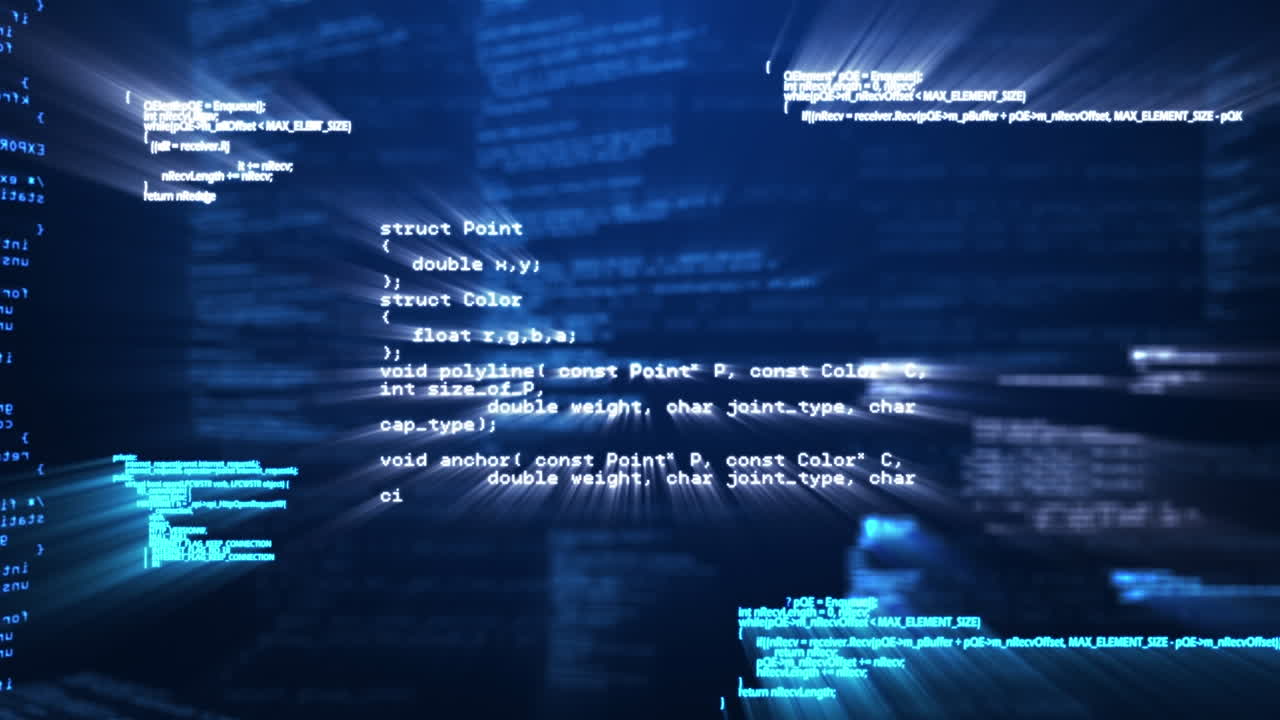 Animation of computer data processing over glowing blue background