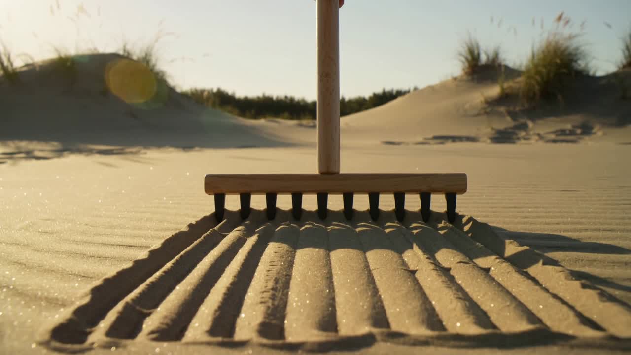 Lowering wooden rake tines into dune sand, gloved hands pulling handle and forming parallel ridges