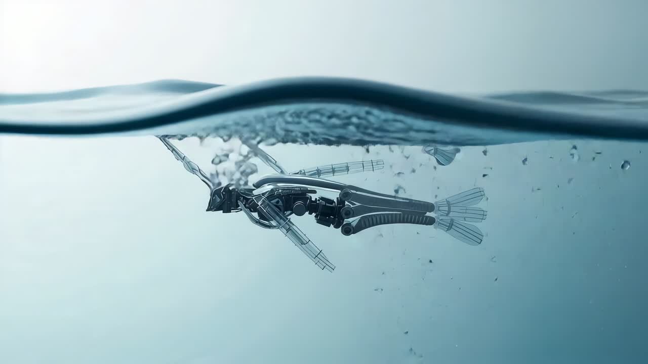 Brydning af overflade, metallisk fisk svømmende direkte i vandtanktest, løsrivelse af finne og bobler
