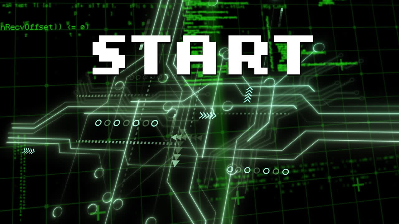 Animation of start text and microprocessor connections over data processing against black background