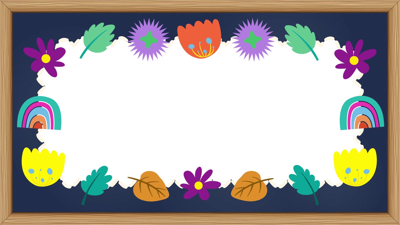 Animated colorful floral, rainbow, and leaf border with white copy space on a navy chalkboard.
