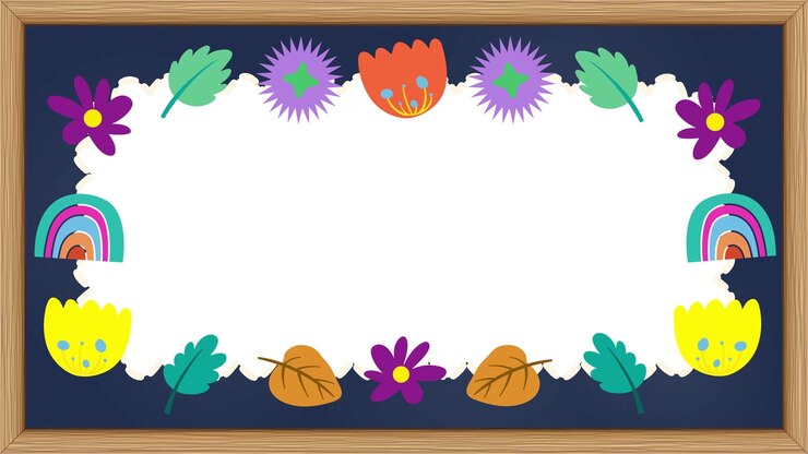 Animated colorful floral, rainbow, and leaf border with white copy space on a navy chalkboard.