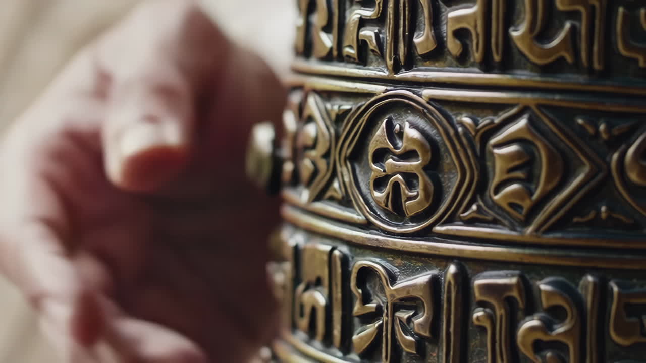 Hand touching a prayer wheel