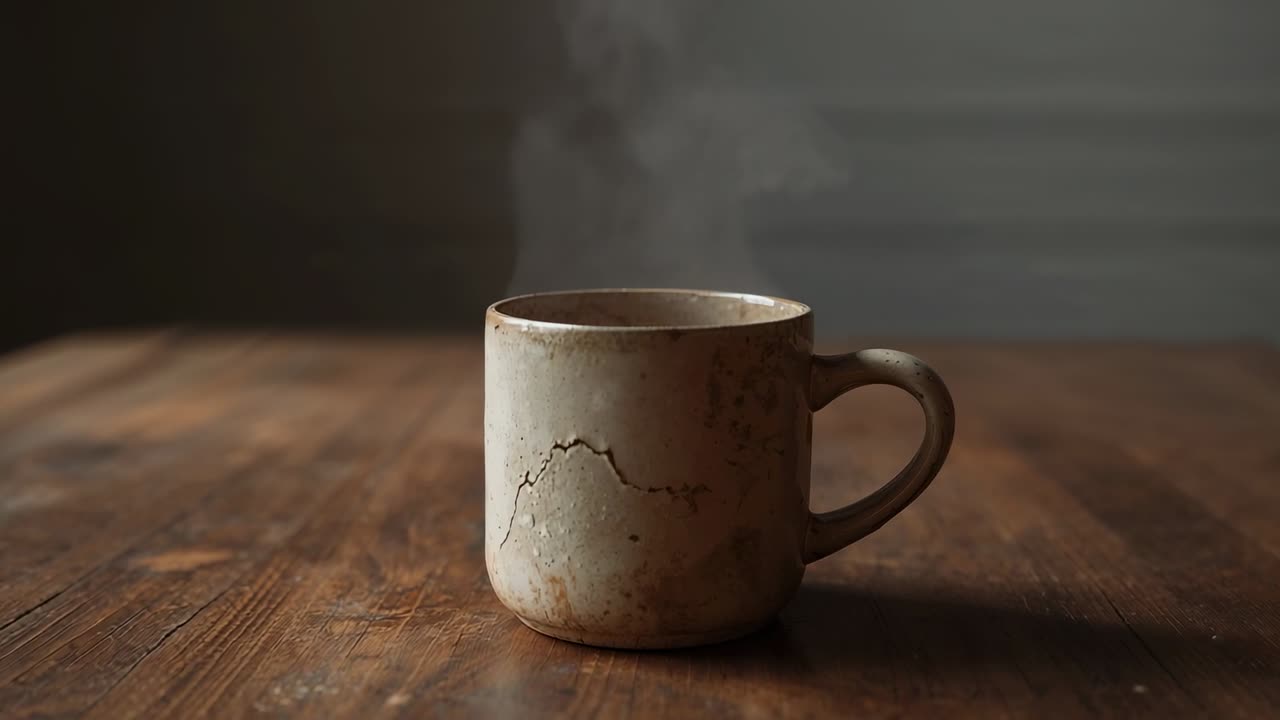 Tazza in ceramica posizionata al centro, con vapore che sale dopo aver versato una bevanda calda, fotografia di prodotto che evidenzia la trama.