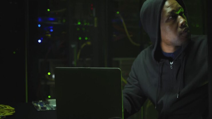 Hacker informatico uomo afroamericano che usa un laptop in una sala server aziendale