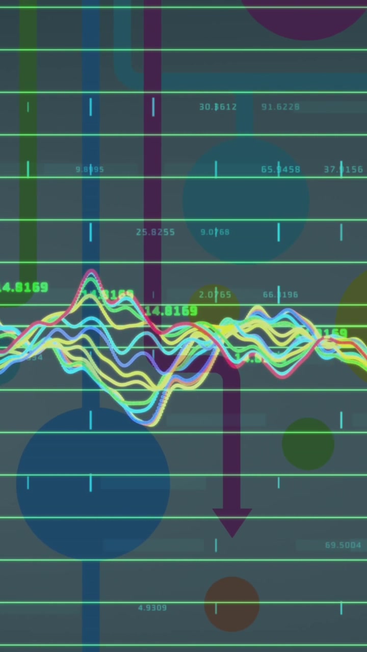 Animation of statistics and data processing over colorful arrows and circles