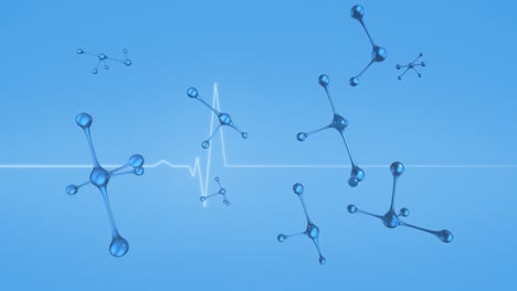 Animation-of-floating-nucleotides-and-heart-rhythm-against-blue-background