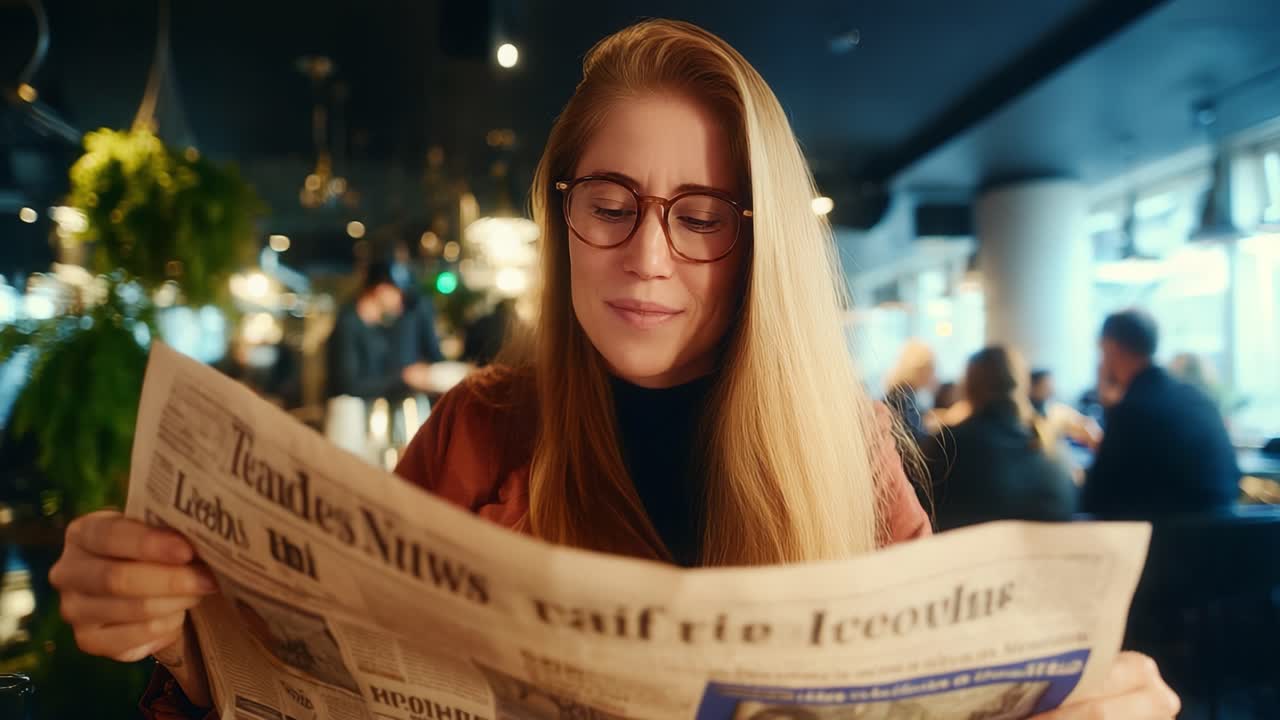 Um Momento Pensativo: Uma Mulher Desfruta da Leitura do Jornal em um Cenário Aconchegante de Café Enquanto Se Envolve com os Acontecimentos Atuais e os Arredores