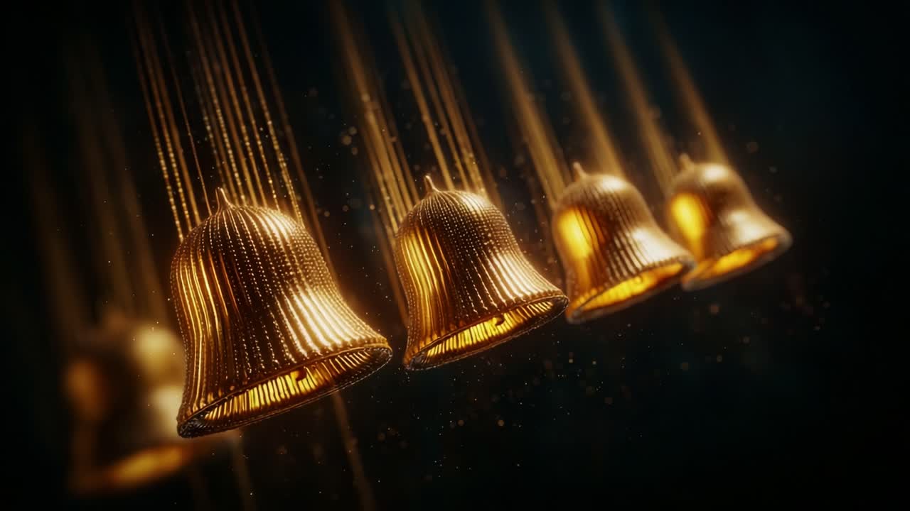 A Mesmerizing Display of Floating Golden Bells, Enhanced by Subtle Sparkling Particles, Showcasing a Hypnotic Dance Through the Air in an Ethereal Atmosphere Filled with Enchantment and Wonder